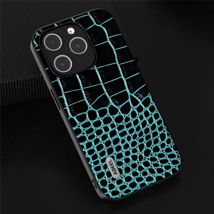 ABEEL For 	iPhone 15 Pro Max Phone Case Genuine Cow Leather+PC+TPU Crocodile Texture Cover - Blue - 3