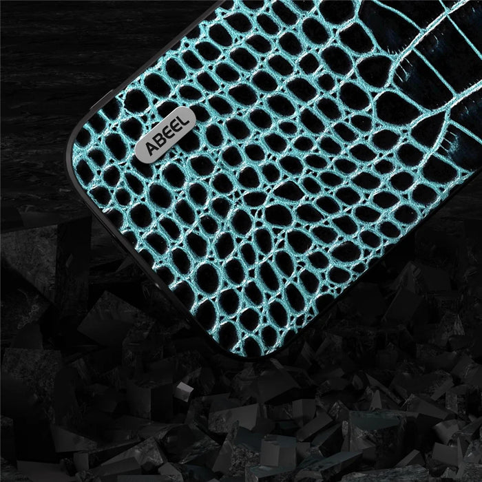 ABEEL For 	iPhone 15 Pro Max Phone Case Genuine Cow Leather+PC+TPU Crocodile Texture Cover - Blue - 4