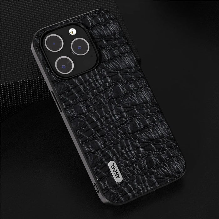 ABEEL For iPhone 15 Pro Impact-Resistant Phone Case Genuine Cow Leather+PC+TPU Textured Cover - Black - 3