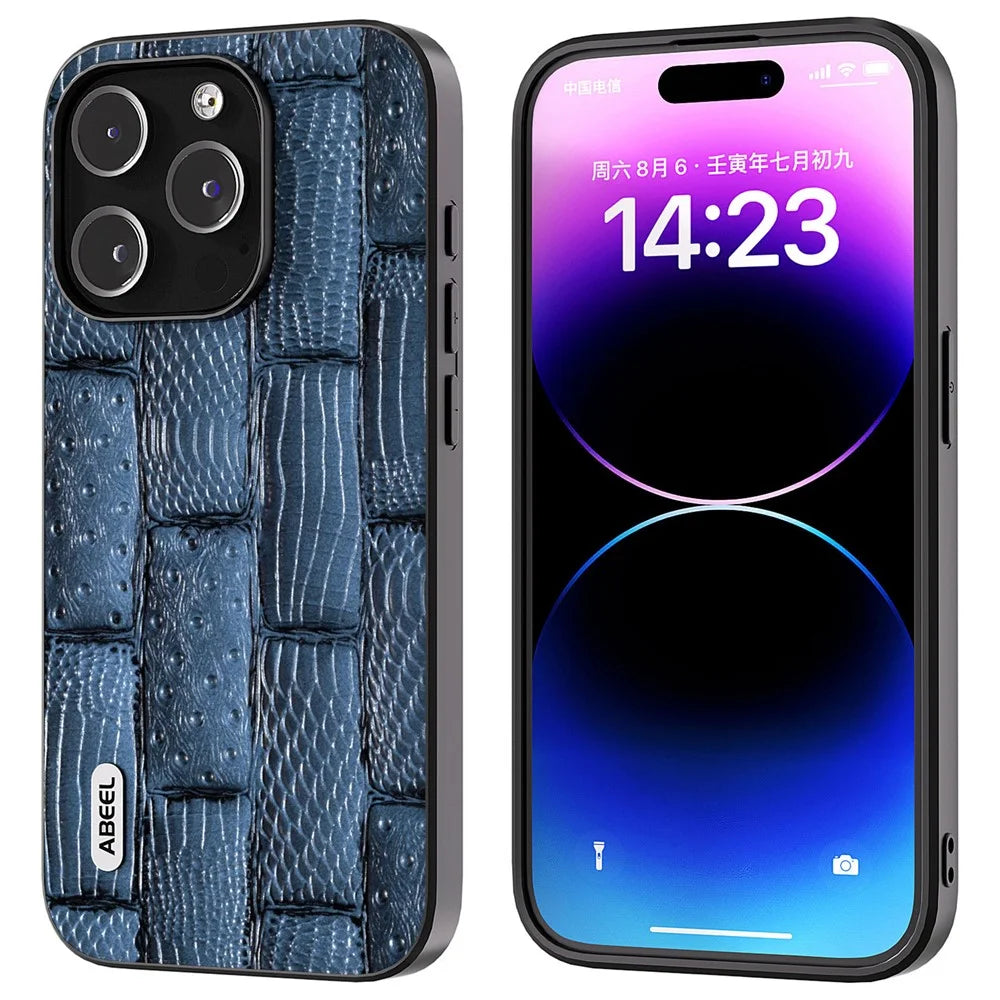 ABEEL For iPhone 15 Pro Max Shockproof Cover Genuine Cow Leather+PC+TPU Mahjong Texture Phone Case - Blue - 1