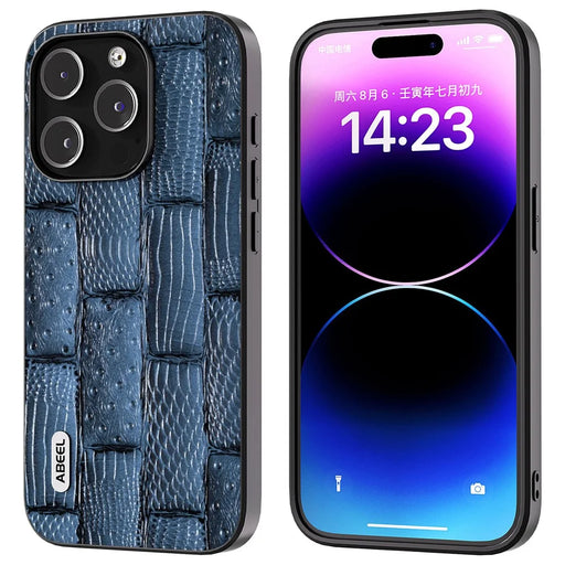 ABEEL For iPhone 15 Pro Max Shockproof Cover Genuine Cow Leather+PC+TPU Mahjong Texture Phone Case - Blue - 1