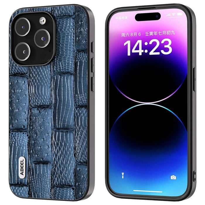 ABEEL For iPhone 15 Pro Max Shockproof Cover Genuine Cow Leather+PC+TPU Mahjong Texture Phone Case - Blue - 1