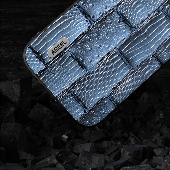 ABEEL For iPhone 15 Pro Max Shockproof Cover Genuine Cow Leather+PC+TPU Mahjong Texture Phone Case - Blue - 4