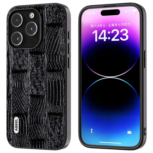ABEEL For iPhone 15 Pro Mahjong Texture Phone Shell Genuine Cow Leather+PC+TPU Protective Cover - Black - 1