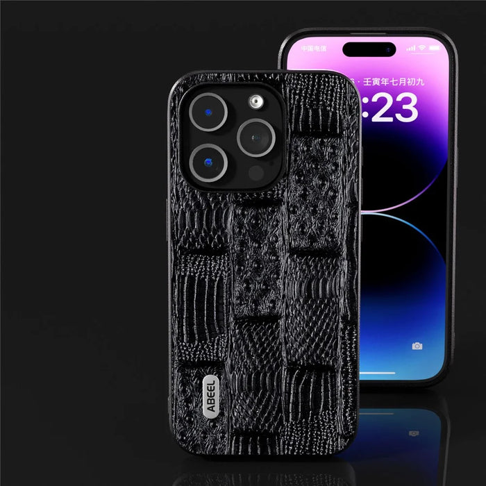 ABEEL For iPhone 15 Pro Mahjong Texture Phone Shell Genuine Cow Leather+PC+TPU Protective Cover - Black - 2
