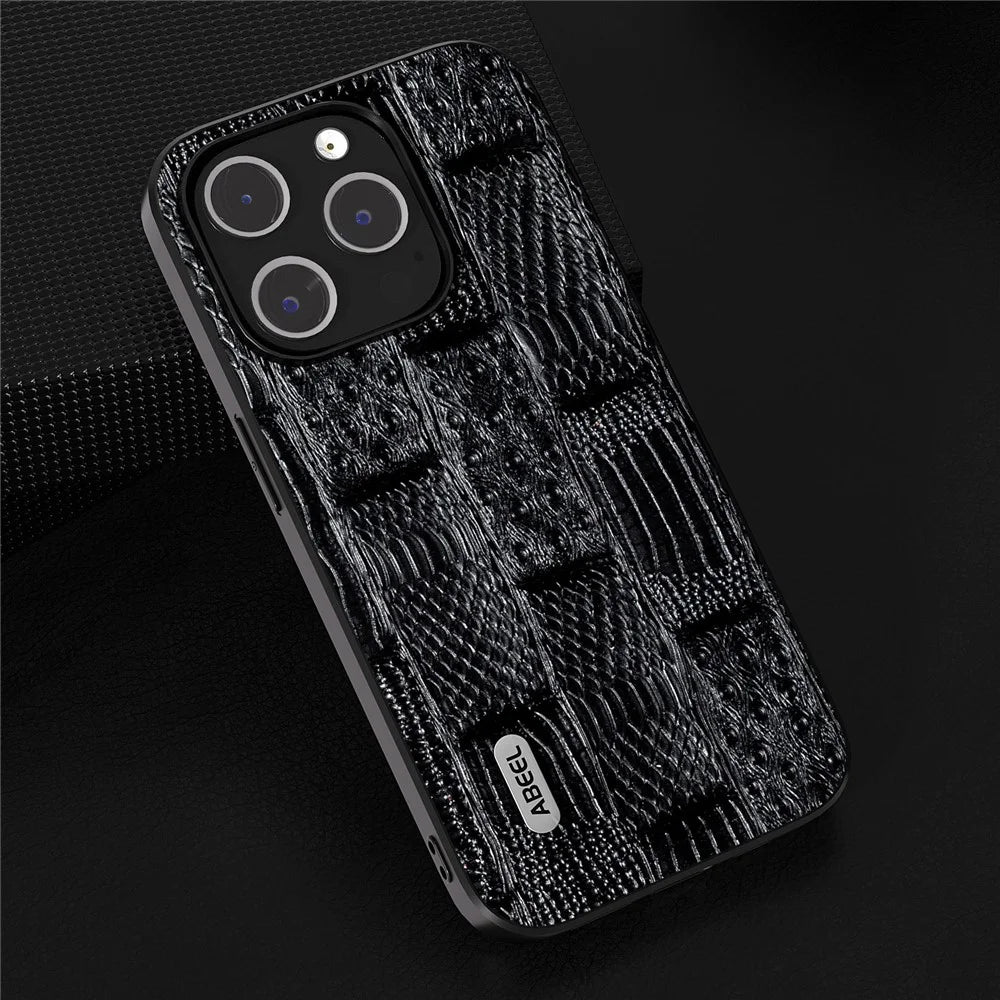 ABEEL For iPhone 15 Pro Mahjong Texture Phone Shell Genuine Cow Leather+PC+TPU Protective Cover - Black - 3