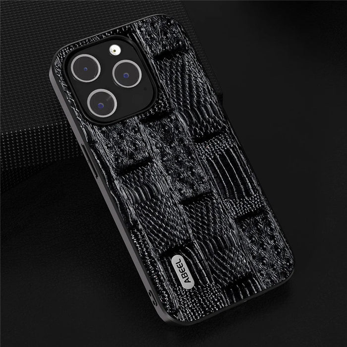 ABEEL For iPhone 15 Pro Mahjong Texture Phone Shell Genuine Cow Leather+PC+TPU Protective Cover - Black - 3