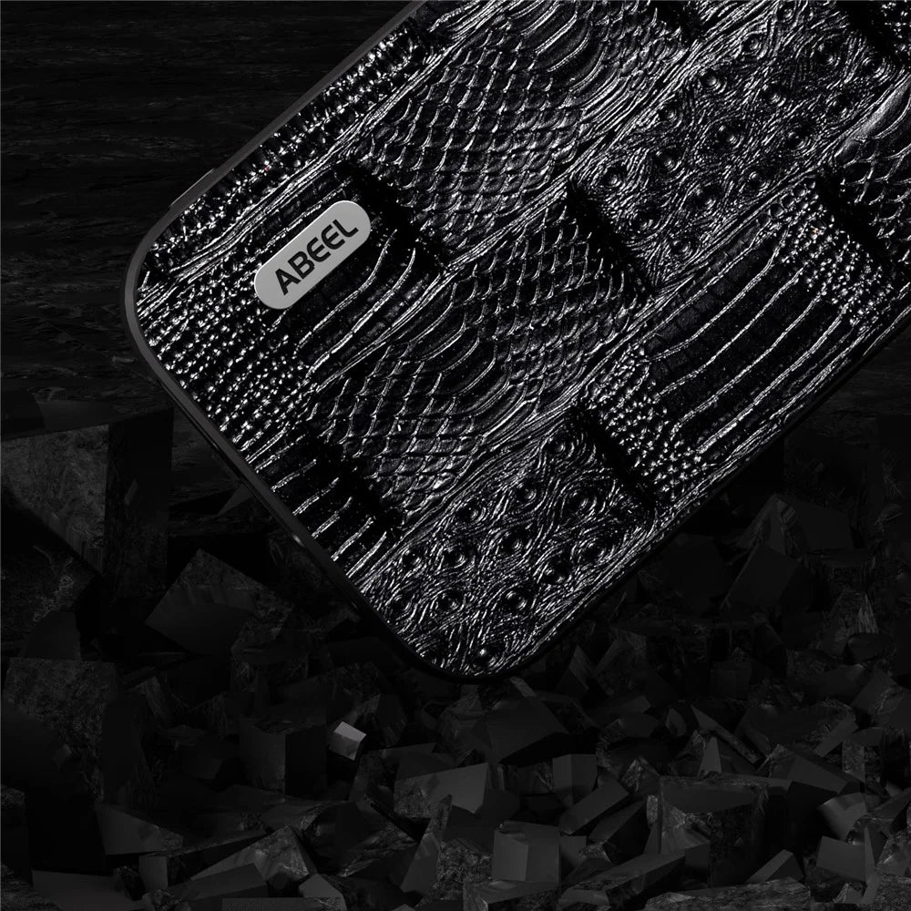 ABEEL For iPhone 15 Pro Mahjong Texture Phone Shell Genuine Cow Leather+PC+TPU Protective Cover - Black - 4