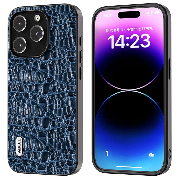 ABEEL For iPhone 15 Pro Max Back Phone Case Genuine Cow Leather+PC+TPU Slim Cover - Blue - 1