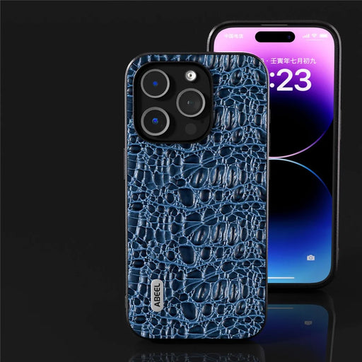 ABEEL For iPhone 15 Pro Max Back Phone Case Genuine Cow Leather+PC+TPU Slim Cover - Blue - 2