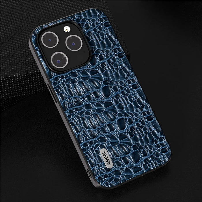 ABEEL For iPhone 15 Pro Max Back Phone Case Genuine Cow Leather+PC+TPU Slim Cover - Blue - 3