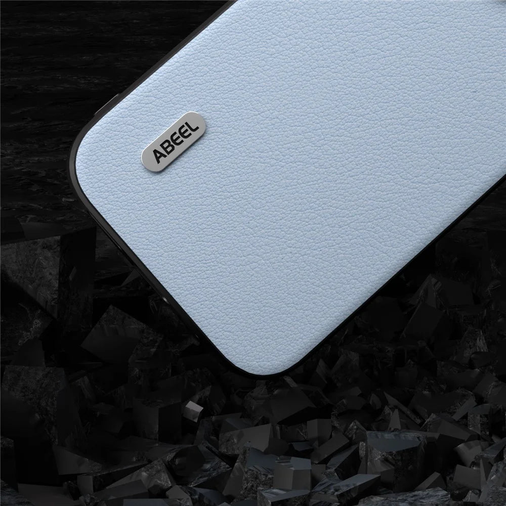 ABEEL For iPhone 15 Pro Phone Case Anti-Scratch Genuine Cow Leather+PC+TPU Cover - Blue - 4