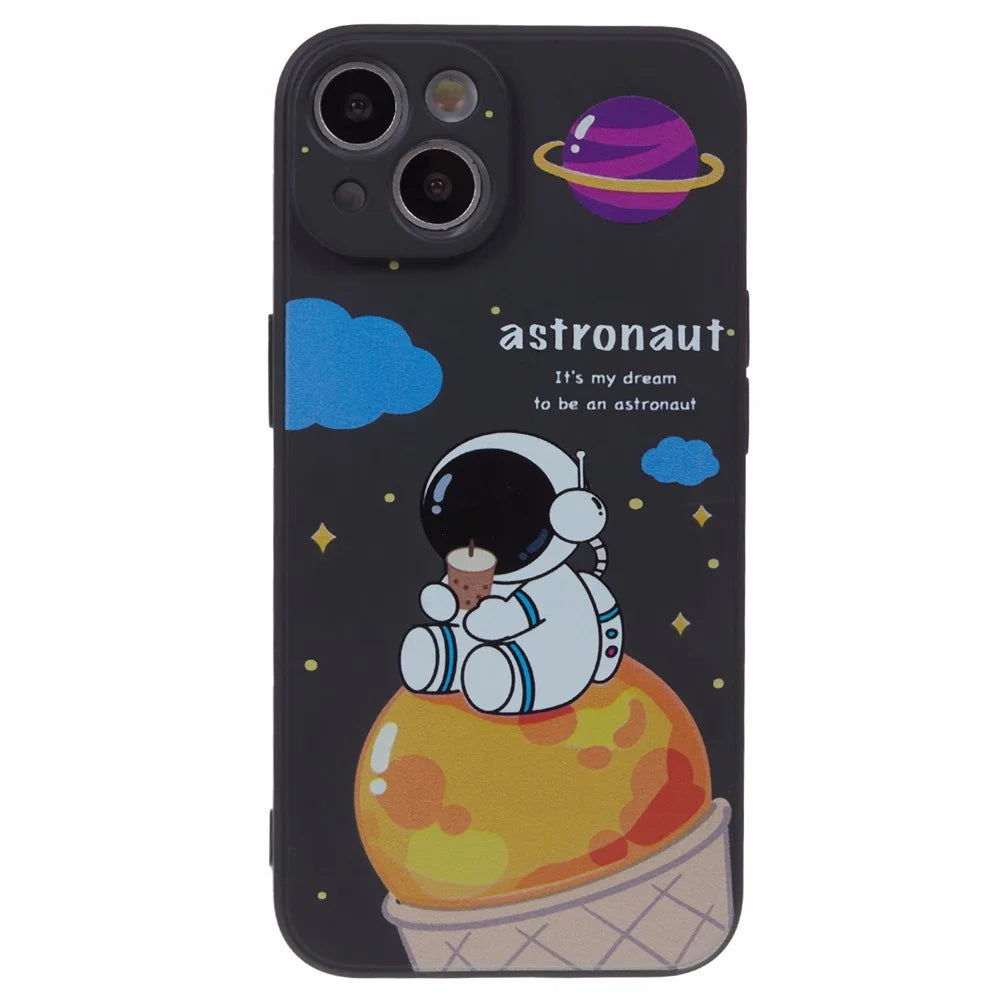 For iPhone 14 Plus Cartoon Astronaut Pattern Printing Soft TPU Cover Fall Proof Phone Case - Black - 1