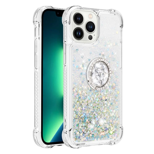 For iPhone 15 Pro Max TPU Case with Kickstand Quicksand Shockproof Cover - Silver / Hearts - 1