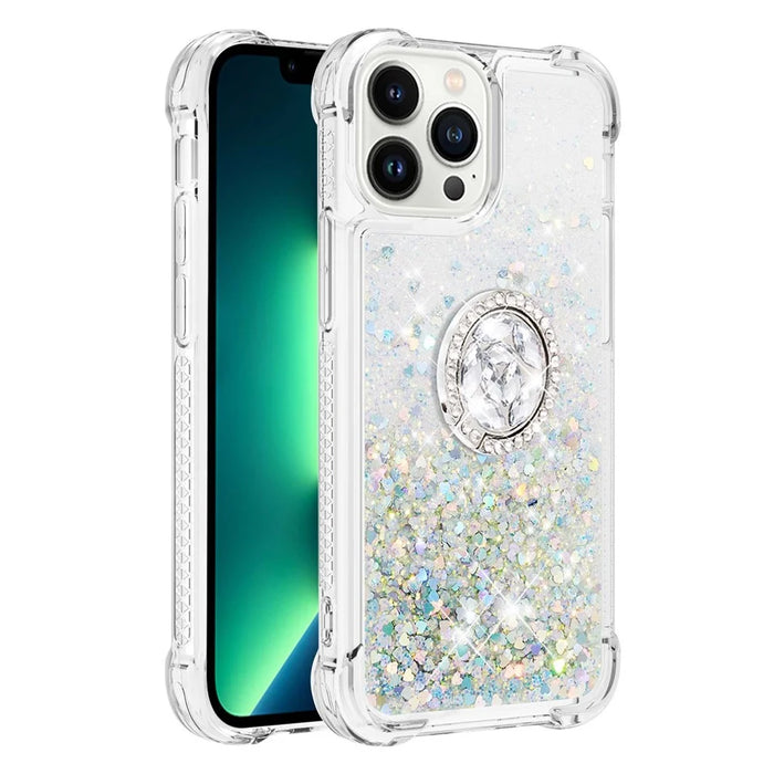 For iPhone 15 Pro Max TPU Case with Kickstand Quicksand Shockproof Cover - Silver / Hearts - 1
