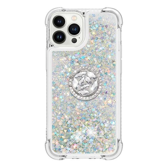 For iPhone 15 Pro Max TPU Case with Kickstand Quicksand Shockproof Cover - Silver / Hearts - 3