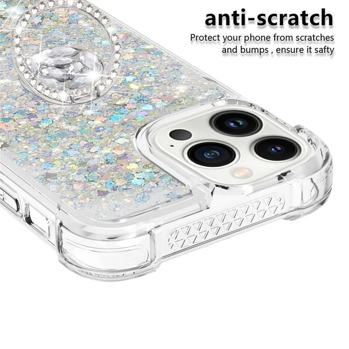 For iPhone 15 Pro Max TPU Case with Kickstand Quicksand Shockproof Cover - Silver / Hearts - 4
