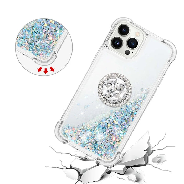 For iPhone 15 Pro Max TPU Case with Kickstand Quicksand Shockproof Cover - Silver / Hearts - 5
