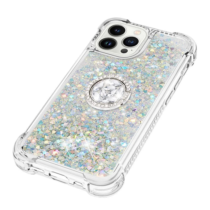 For iPhone 15 Pro Max TPU Case with Kickstand Quicksand Shockproof Cover - Silver / Hearts - 6