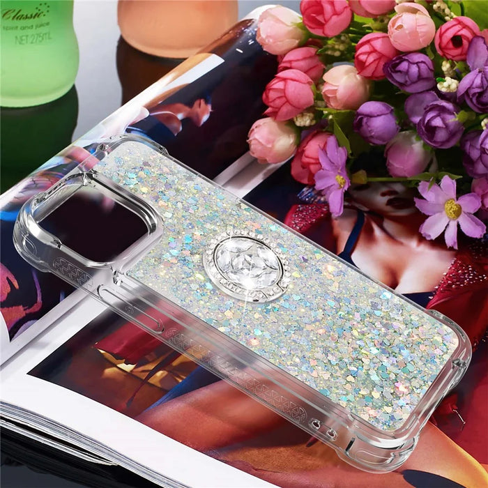 For iPhone 15 Pro Max TPU Case with Kickstand Quicksand Shockproof Cover - Silver / Hearts - 7