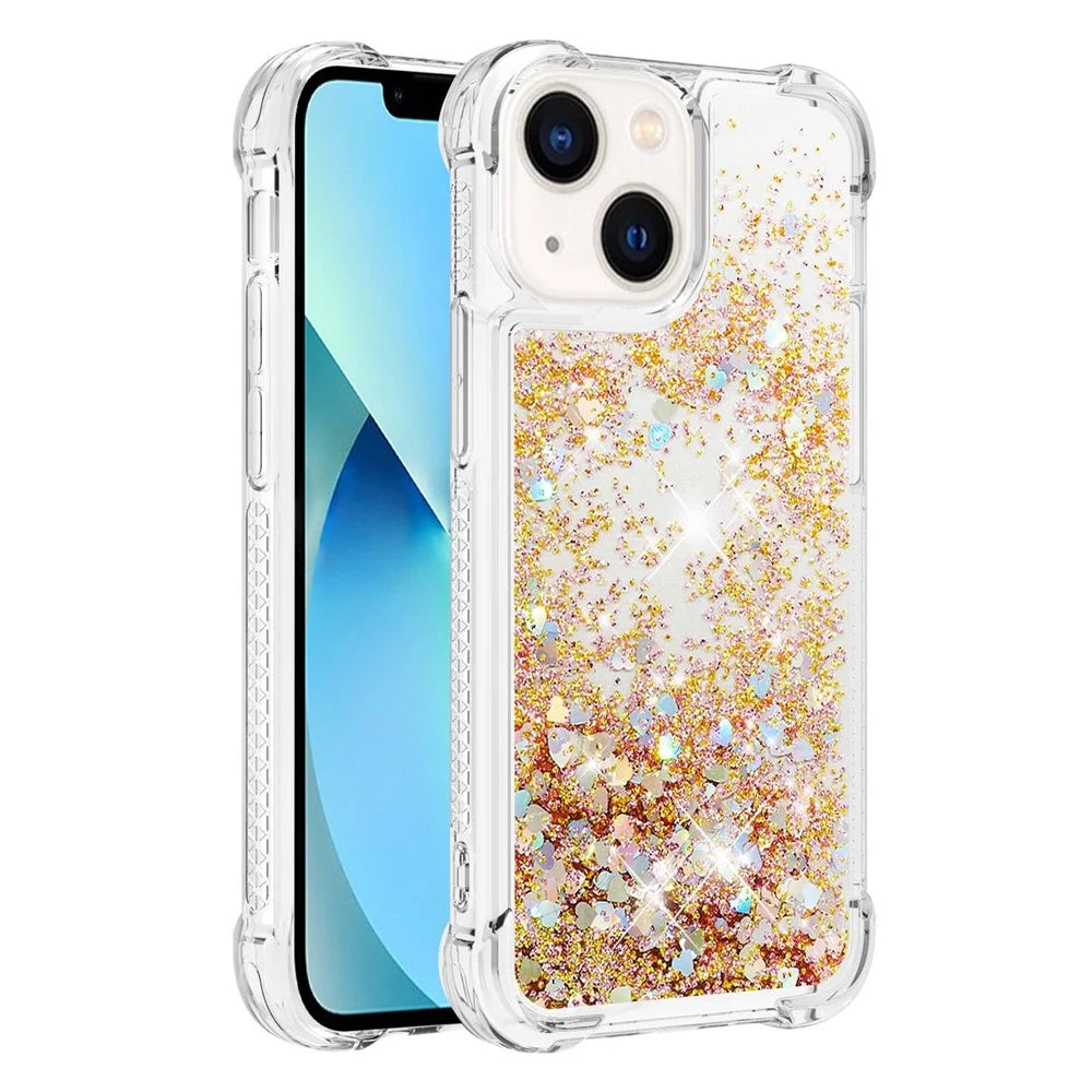 For iPhone 15 Plus TPU Case Glitter Quicksand Shockproof Phone Back Cover - Gold / Hearts - 1
