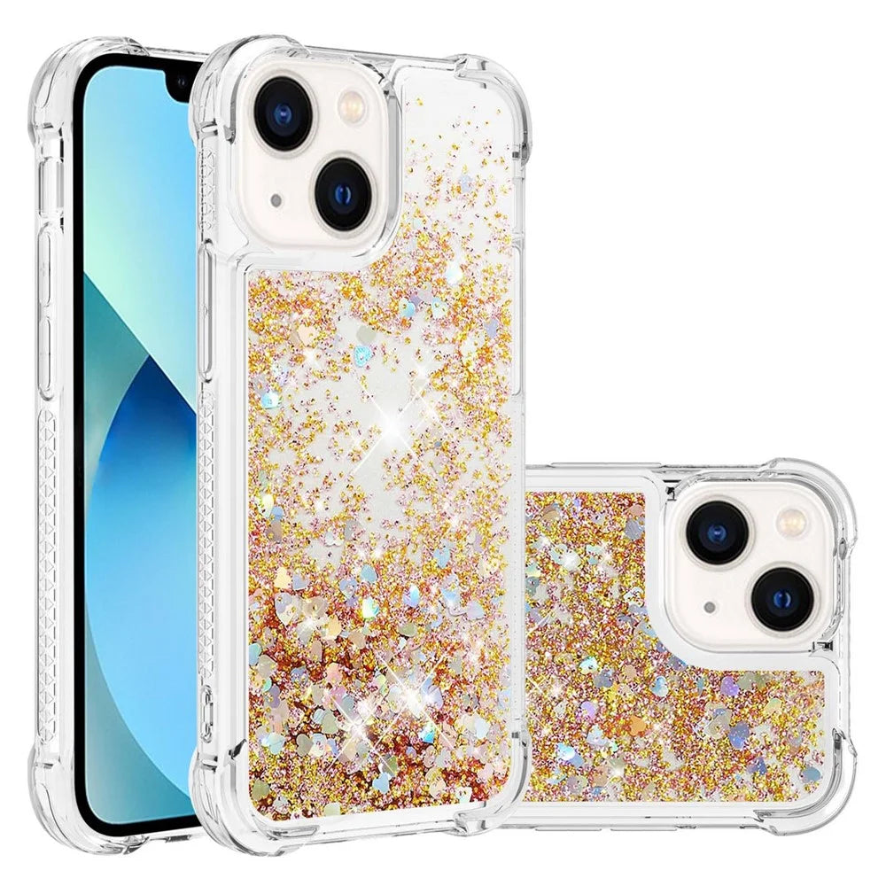 For iPhone 15 Plus TPU Case Glitter Quicksand Shockproof Phone Back Cover - Gold / Hearts - 3