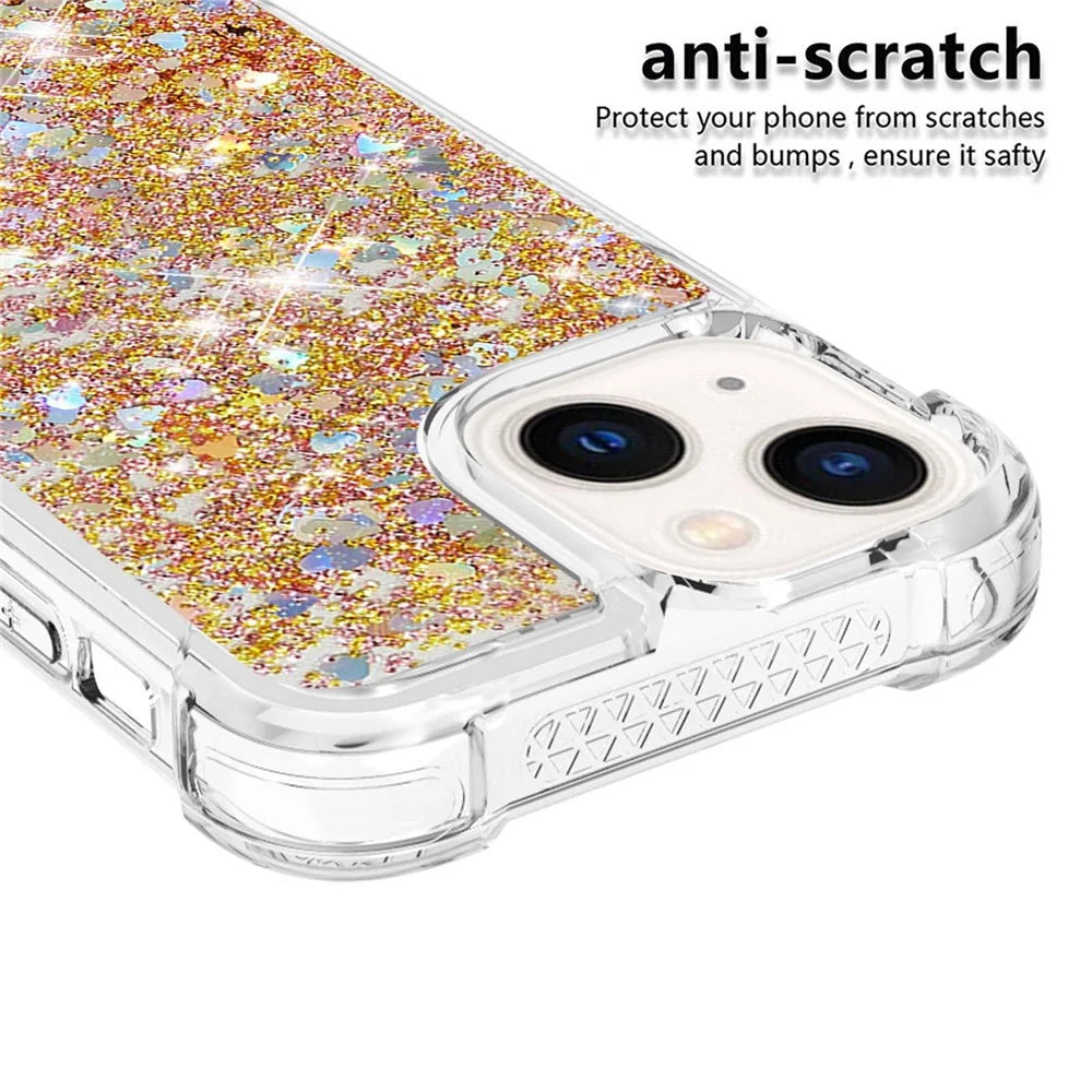 For iPhone 15 Plus TPU Case Glitter Quicksand Shockproof Phone Back Cover - Gold / Hearts - 4