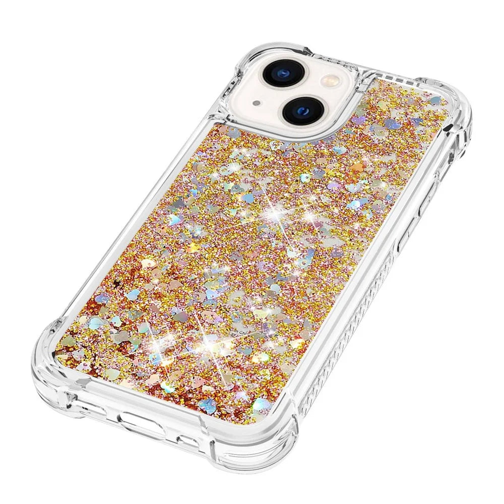 For iPhone 15 Plus TPU Case Glitter Quicksand Shockproof Phone Back Cover - Gold / Hearts - 6
