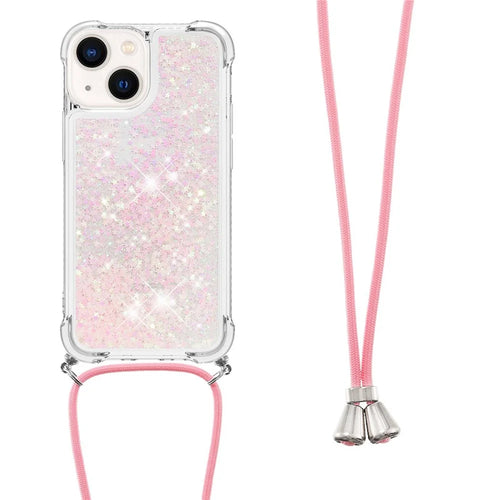 For iPhone 15 Plus TPU Case Quicksand Design Phone Cover with Lanyard - Pink / Pentagrams - 1