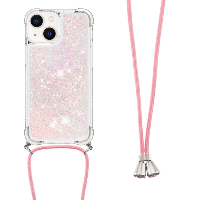 For iPhone 15 Plus TPU Case Quicksand Design Phone Cover with Lanyard - Pink / Pentagrams - 1