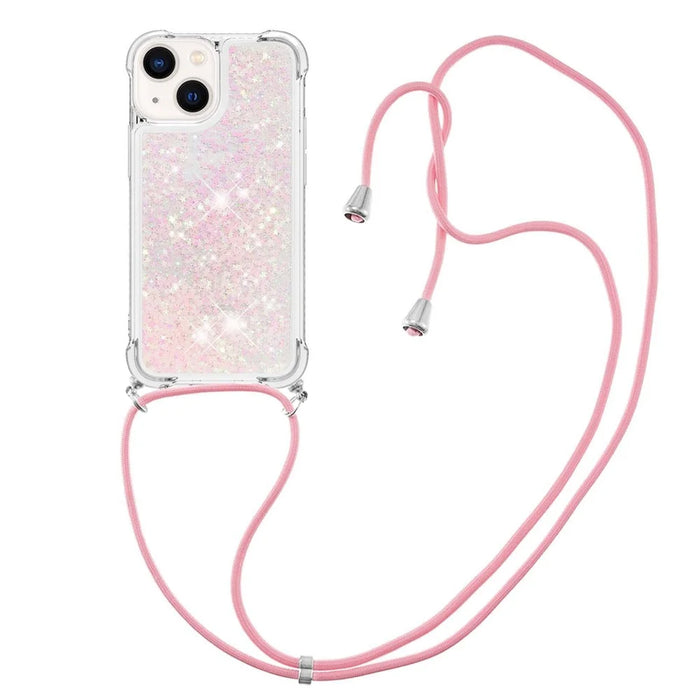 For iPhone 15 Plus TPU Case Quicksand Design Phone Cover with Lanyard - Pink / Pentagrams - 3