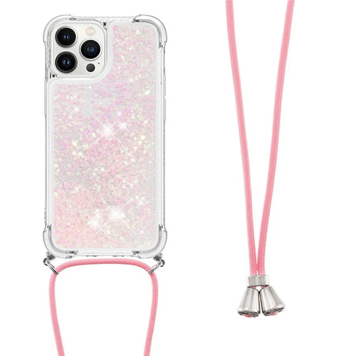For iPhone 15 Pro TPU Case Quicksand Design Phone Cover with Lanyard - Pink / Pentagrams - 1
