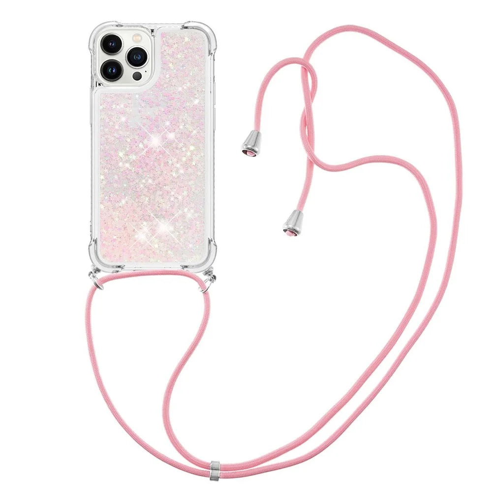 For iPhone 15 Pro TPU Case Quicksand Design Phone Cover with Lanyard - Pink / Pentagrams - 3
