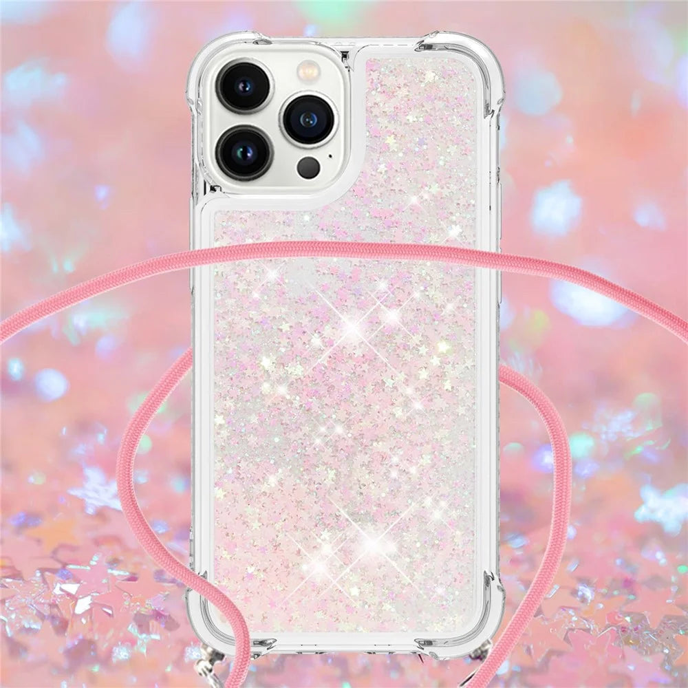 For iPhone 15 Pro TPU Case Quicksand Design Phone Cover with Lanyard - Pink / Pentagrams - 4