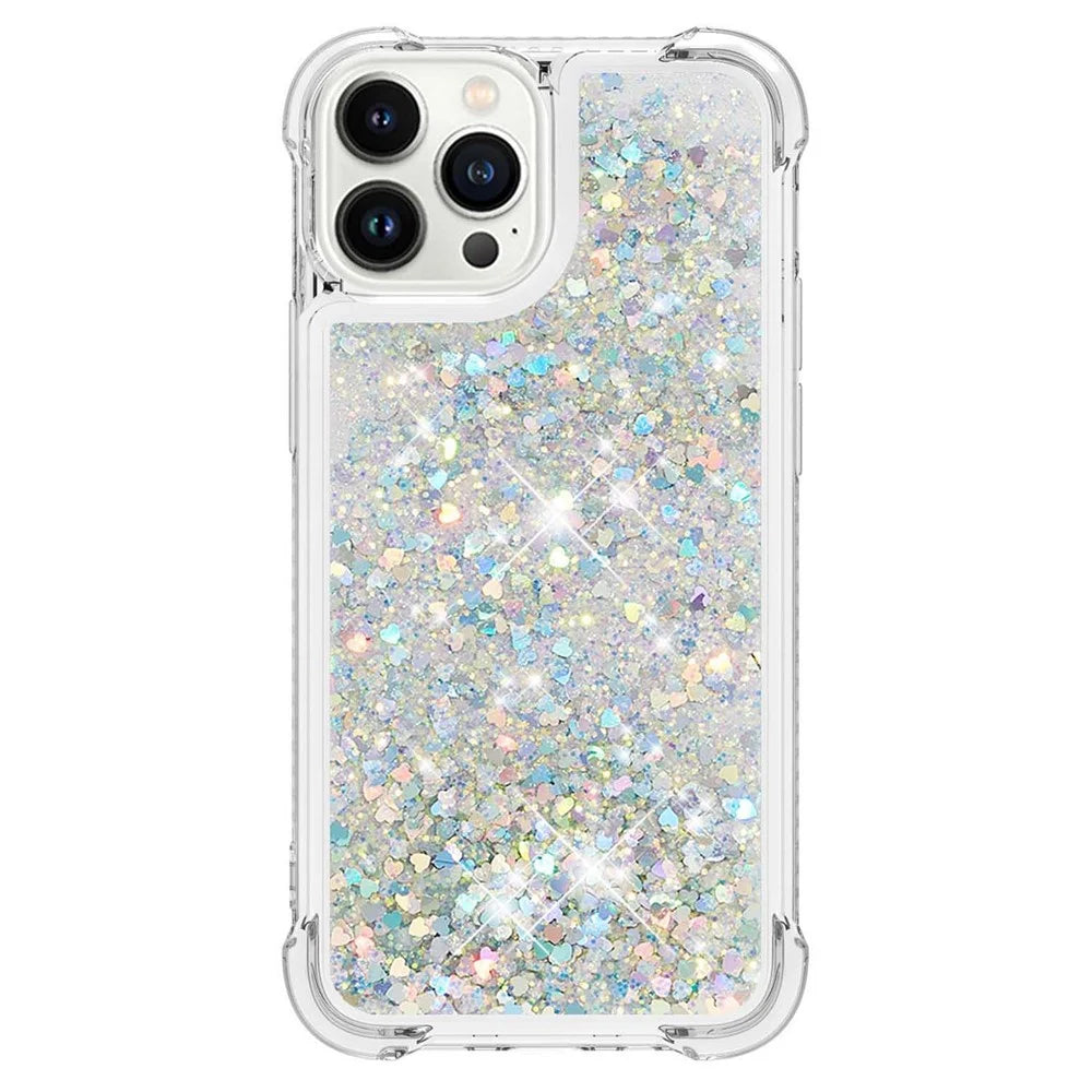 For iPhone 15 Pro TPU Case Glitter Quicksand Shockproof Phone Back Cover - Silver / Hearts - 1
