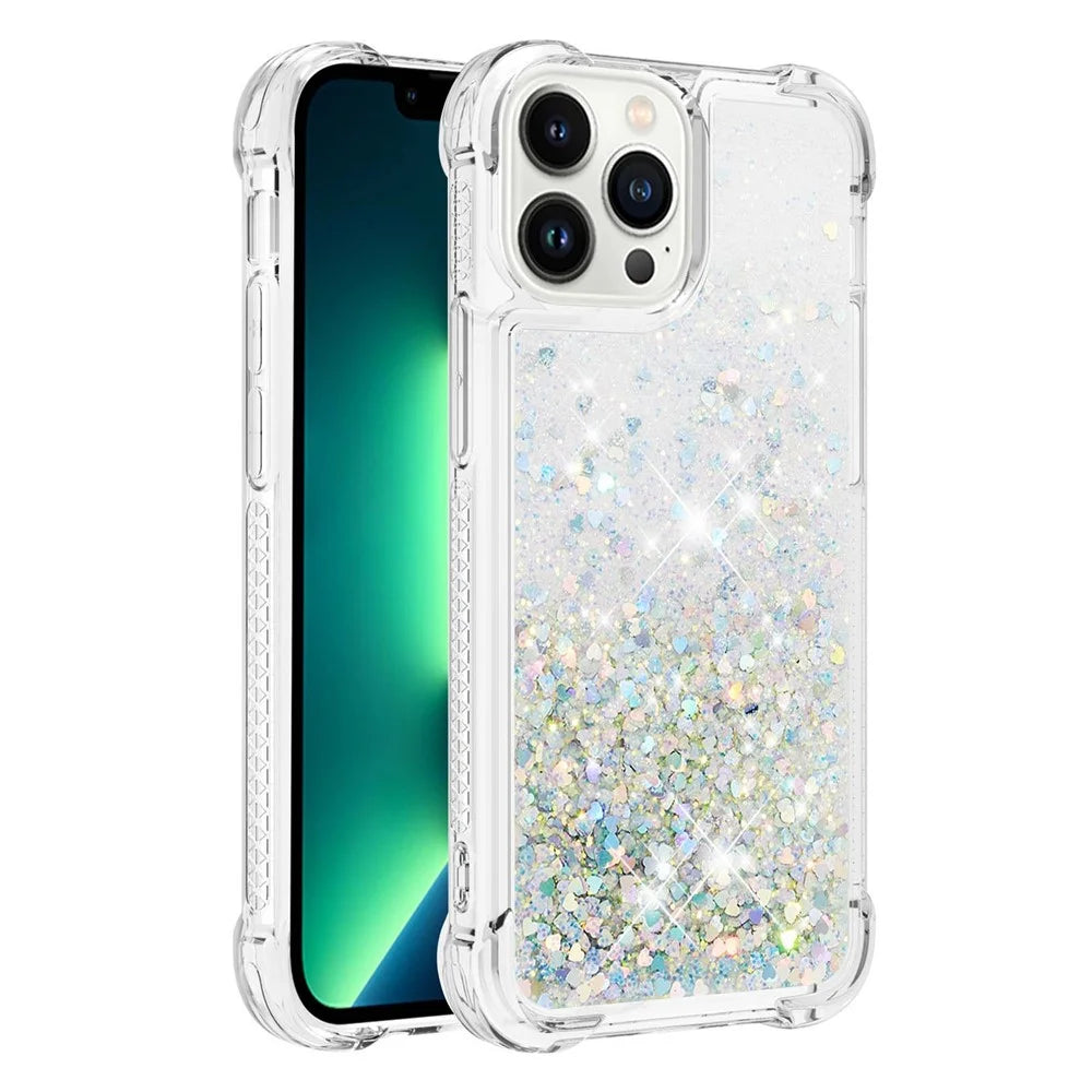 For iPhone 15 Pro TPU Case Glitter Quicksand Shockproof Phone Back Cover - Silver / Hearts - 2