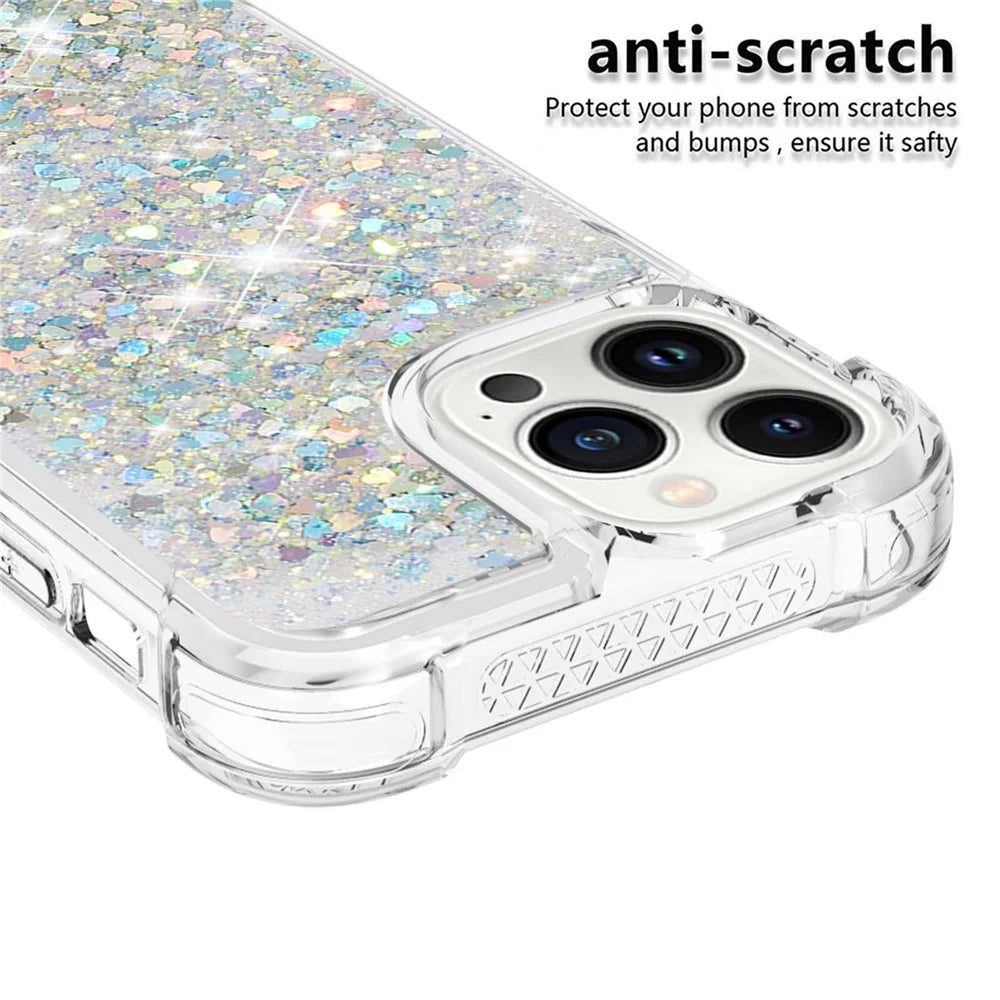 For iPhone 15 Pro TPU Case Glitter Quicksand Shockproof Phone Back Cover - Silver / Hearts - 3