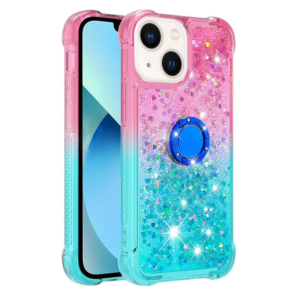 For iPhone 15 TPU Case with Kickstand Gradiant Quicksand Shockproof Cover - Pink+Sky Blue - 1