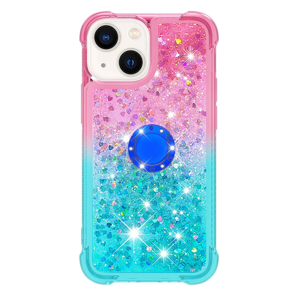For iPhone 15 TPU Case with Kickstand Gradiant Quicksand Shockproof Cover - Pink+Sky Blue - 2