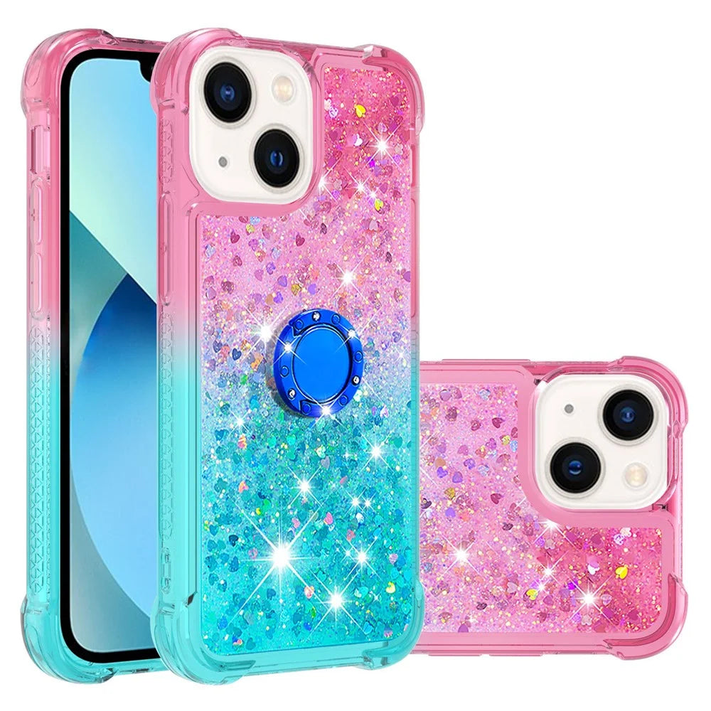 For iPhone 15 TPU Case with Kickstand Gradiant Quicksand Shockproof Cover - Pink+Sky Blue - 3
