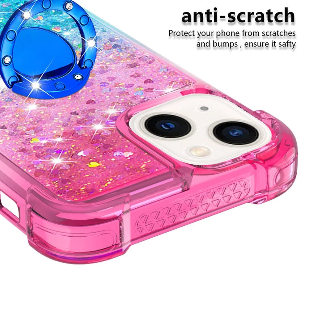 For iPhone 15 TPU Case with Kickstand Gradiant Quicksand Shockproof Cover - Pink+Sky Blue - 4