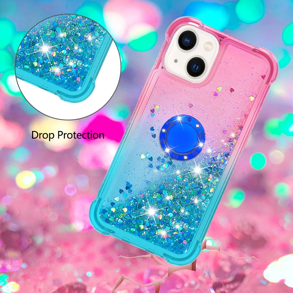 For iPhone 15 TPU Case with Kickstand Gradiant Quicksand Shockproof Cover - Pink+Sky Blue - 5