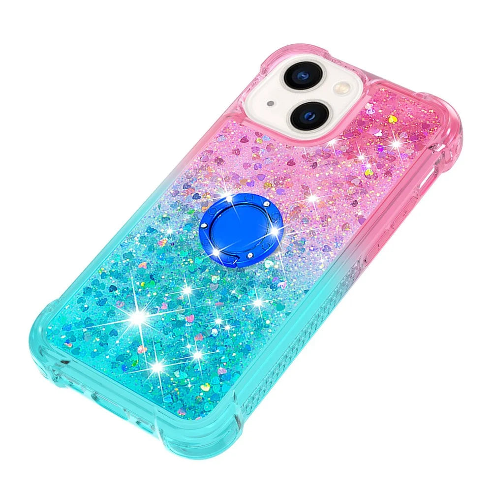 For iPhone 15 TPU Case with Kickstand Gradiant Quicksand Shockproof Cover - Pink+Sky Blue - 6