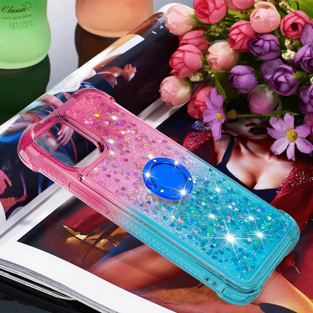 For iPhone 15 TPU Case with Kickstand Gradiant Quicksand Shockproof Cover - Pink+Sky Blue - 7