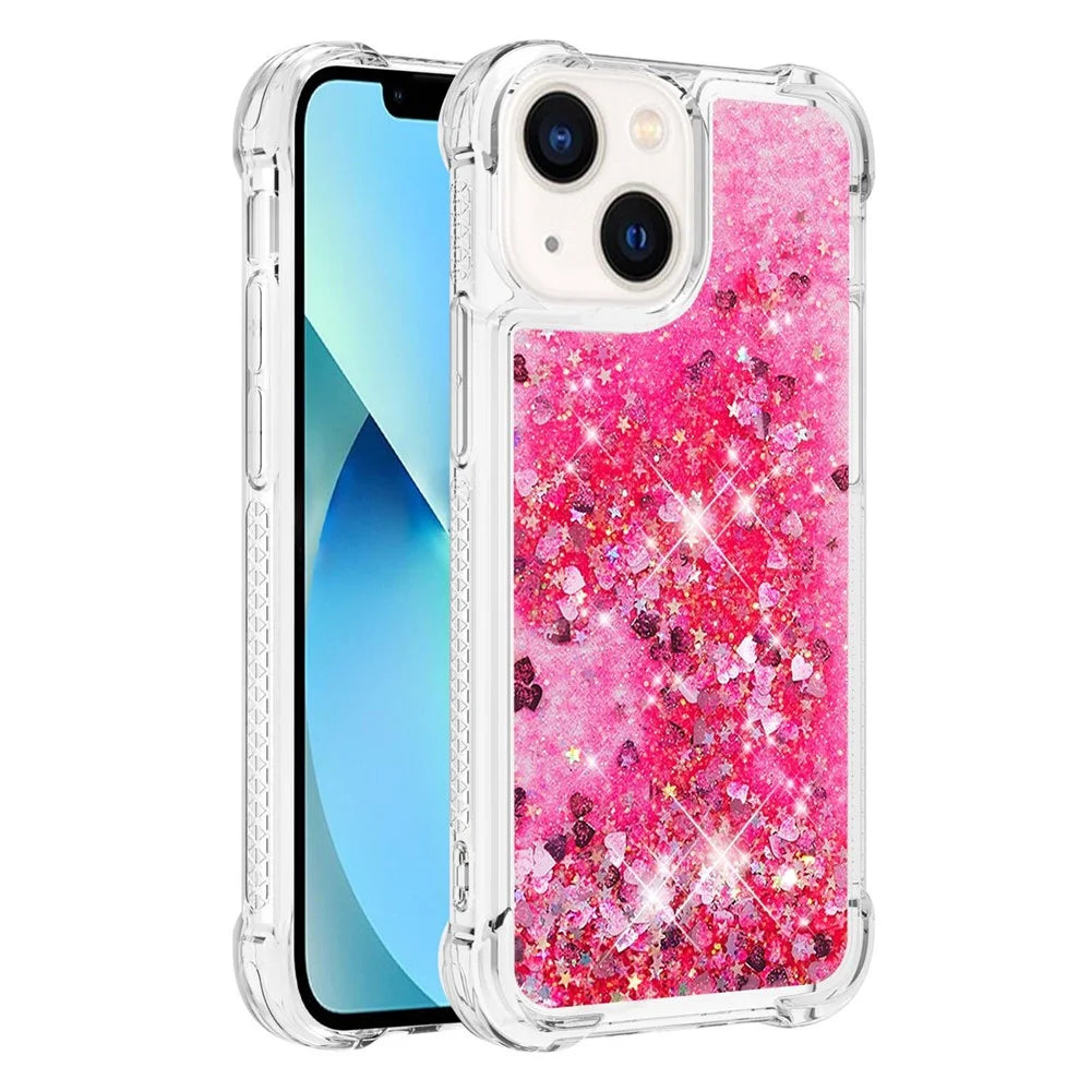 For iPhone 15 Cute TPU Case Glitter Quicksand Shockproof Phone Back Cover - Pink / Hearts - 1