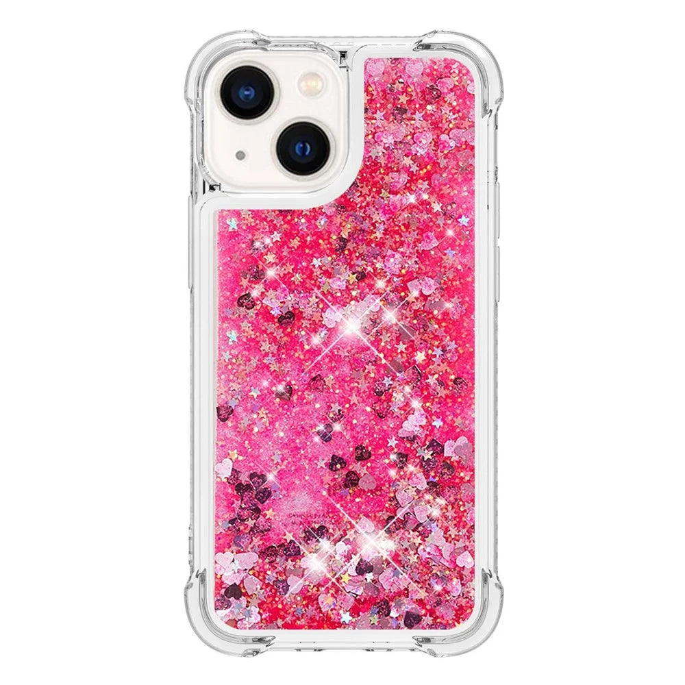 For iPhone 15 Cute TPU Case Glitter Quicksand Shockproof Phone Back Cover - Pink / Hearts - 2