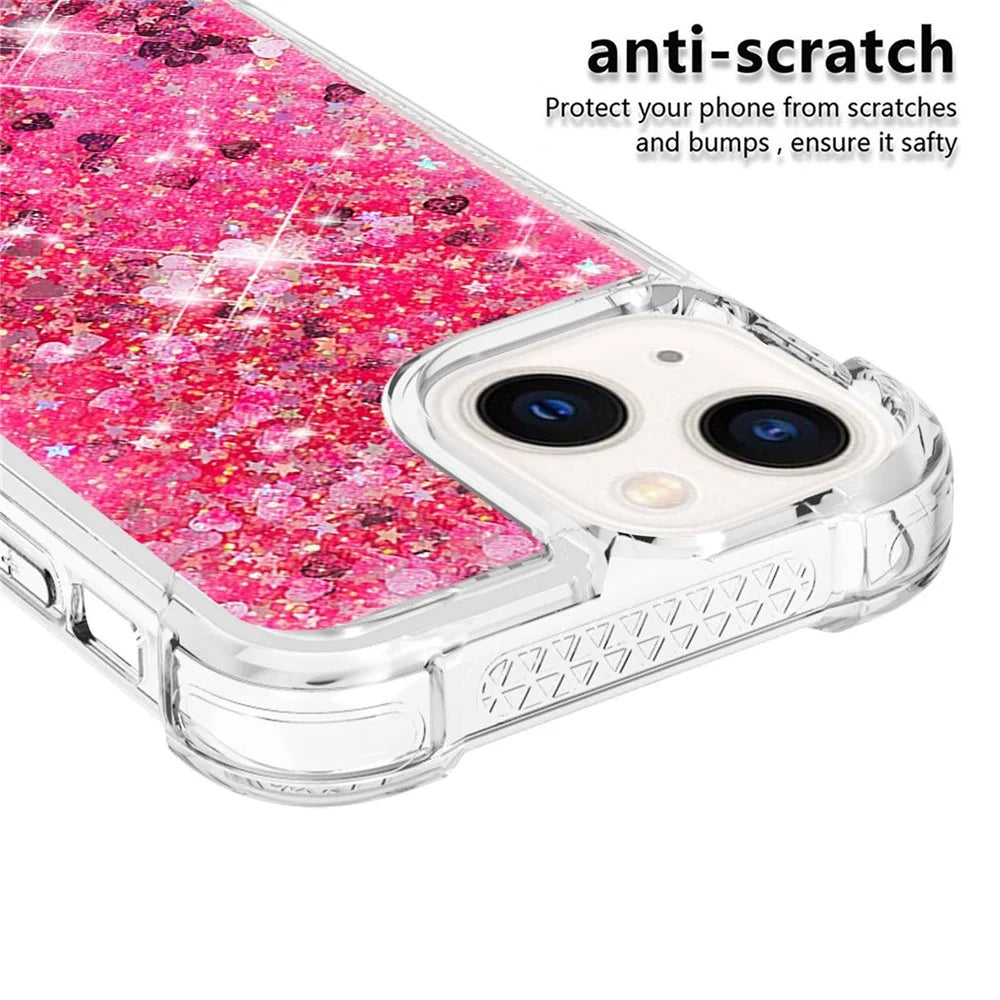 For iPhone 15 Cute TPU Case Glitter Quicksand Shockproof Phone Back Cover - Pink / Hearts - 3