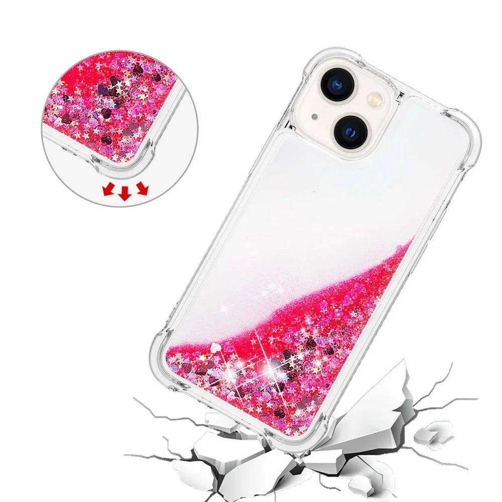 For iPhone 15 Cute TPU Case Glitter Quicksand Shockproof Phone Back Cover - Pink / Hearts - 4