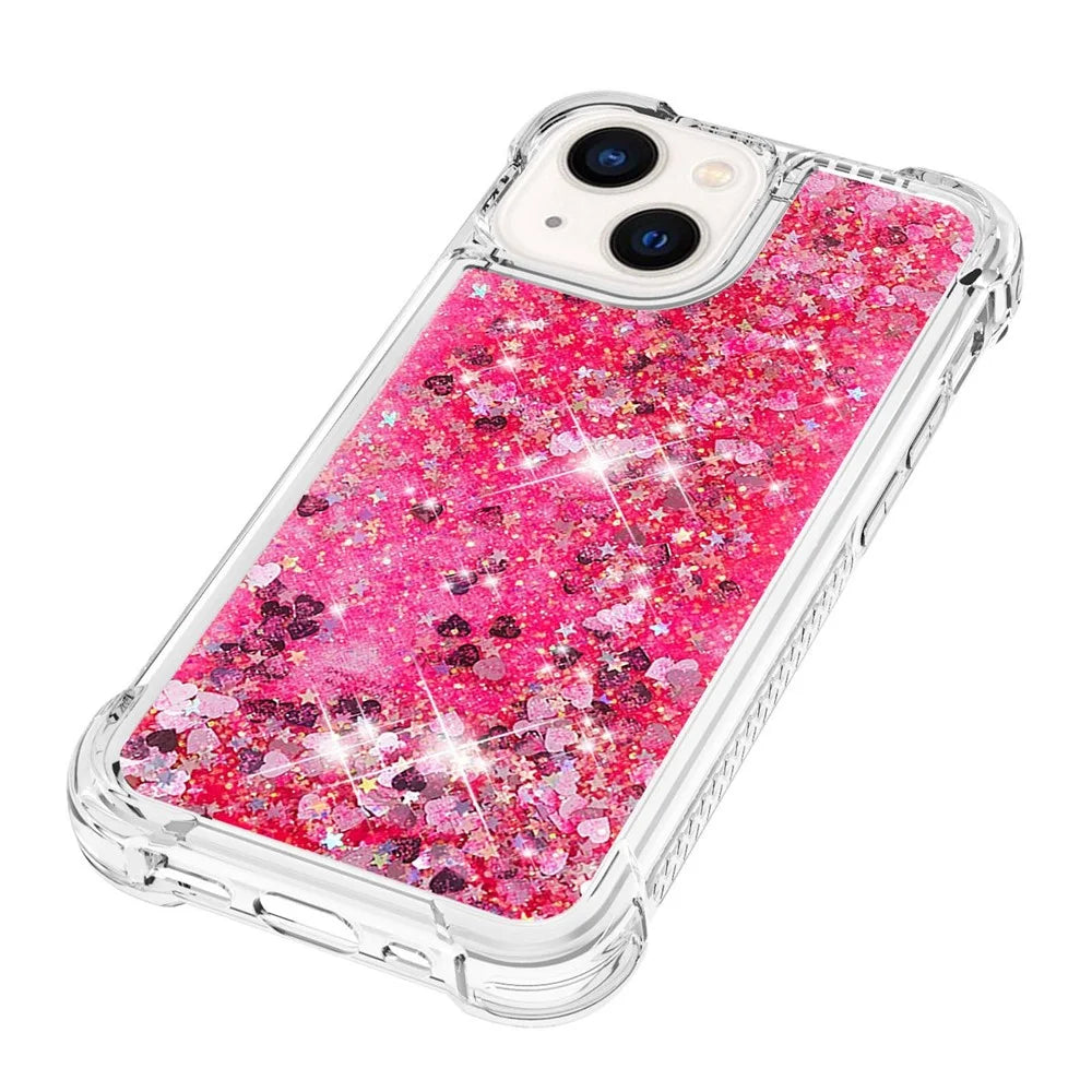 For iPhone 15 Cute TPU Case Glitter Quicksand Shockproof Phone Back Cover - Pink / Hearts - 5