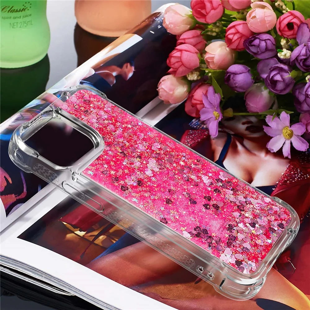 For iPhone 15 Cute TPU Case Glitter Quicksand Shockproof Phone Back Cover - Pink / Hearts - 6